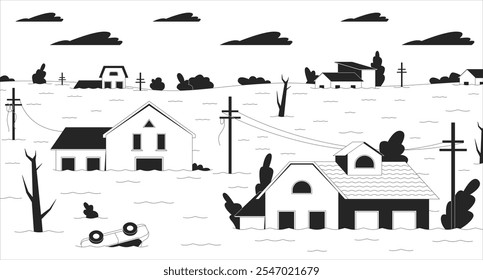 Peligro de inundaciones ilustración de línea en blanco y negro. Crisis climática mundial. Edificios residenciales bajo el agua 2D paisaje monocromo telón de fondo. Consecuencias del calentamiento global esbozan el Vector