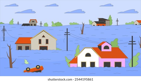 Floods danger flat illustration. Global climate crisis. Residential buildings going under water 2D landscape cartoon background. Consequences of global warming on environment scene vector image