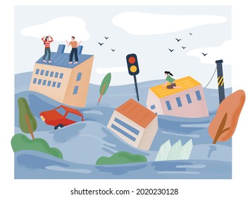 Floods flood the city and wash away houses. People are calling for help from the roof. flat design style vector illustration.