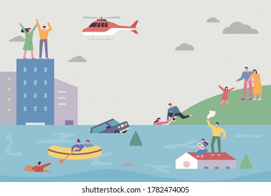 Las inundaciones inundaron la ciudad. Personas evacuando y enviando señales de rescate. estilo de diseño plano ilustración vectorial mínima.