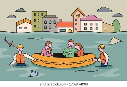 Floods flooded the city. Rescue workers are saving the citizens by boat. flat design style minimal vector illustration.