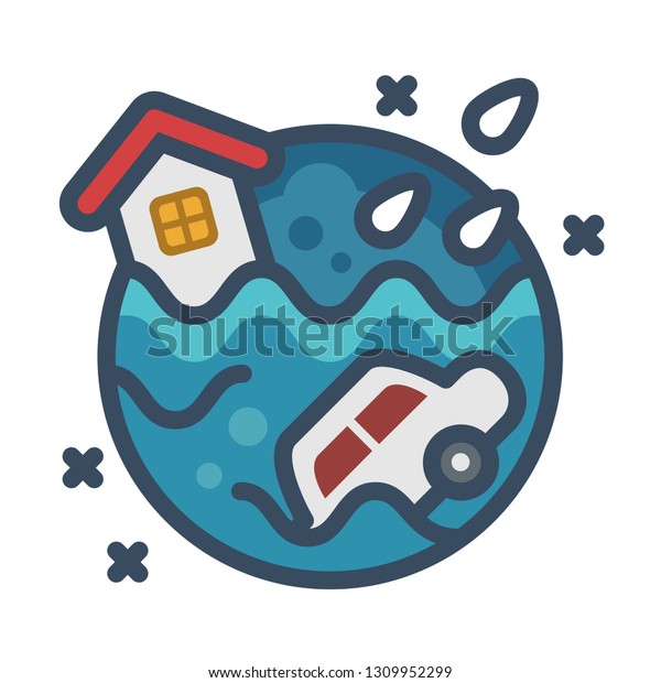 Floods with house and car vector illustration in
line color design