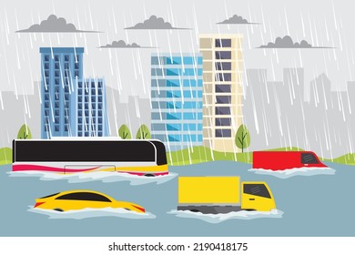 Floods. Natural disasters. Illustration of heavy rain accompanied by flooding