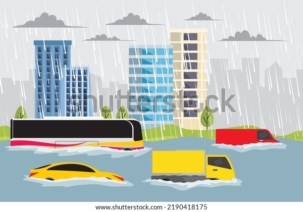 Floods. Natural disasters. Illustration of heavy\
rain accompanied by\
flooding