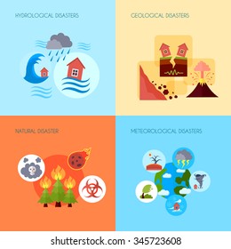 Floods volcanic eruptions and earthquake geological natural disasters 4 flat icons square banner abstract isolated vector illustration