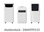 Floor air conditioner cold heat blow indoor climate control device set realistic vector illustration. Chill fan condition black and white modern electronic technology appliance cooler with display
