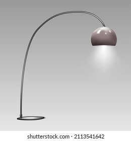 Floor arc stand lamp with metal lampshade. Modern interior light. Realistic vector illustration