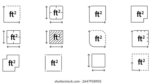 Símbolo de área de piso en pies cuadrados con signo FT2. Icono de Vector lineal para medir las dimensiones de terrenos, habitaciones o propiedades en pies
