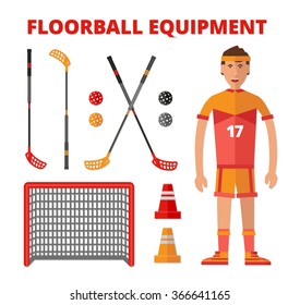  Floor ball player flat vector illustration with floor ball equipment