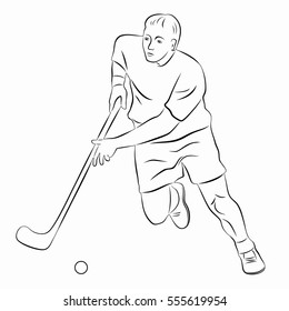 floor ball player shooting  , black and white drawing, white background