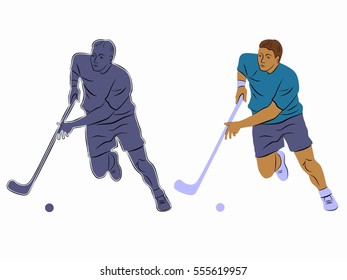 floor ball player shooting  , black and white drawing, white background