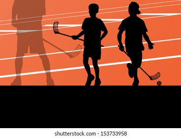 Floor ball players active children sport silhouettes background illustration vector