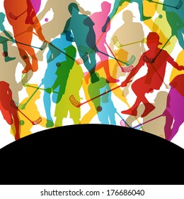 Floor ball players active men sport silhouettes vector abstract background illustration
