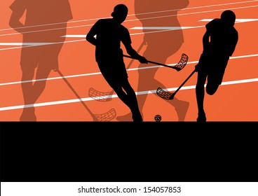 Floor ball players active sport silhouettes background illustration vector
