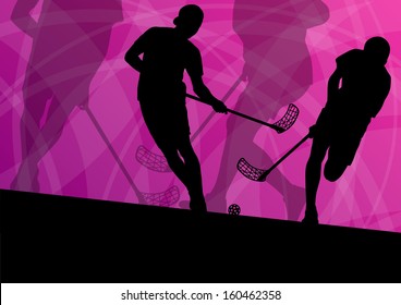 Floor ball players active sport silhouettes vector abstract background illustration