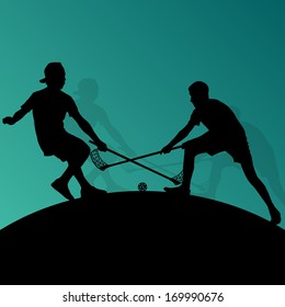 Floor ball players active sport silhouettes vector abstract background illustration