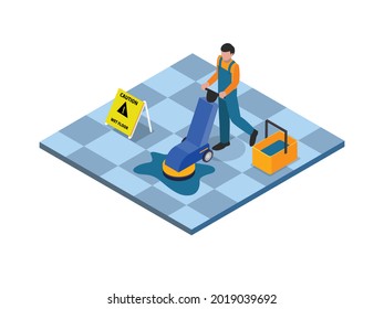 Floor care and cleaning services with polishing machine 3d isometric vector concept for banner, website, illustration, landing page, flyer, etc.