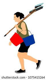 Floor care and cleaning services with washing mop in sterile factory or clean hospital. Cleaning lady service vector illustration. Housemaid cleaner with bucket and equipment. Housework job.