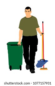 Floor care and cleaning services with washing mop in sterile factory or clean hospital. Cleaning man service vector illustration. Trash bin with worker cleaning job. Street cleaner communal activity.