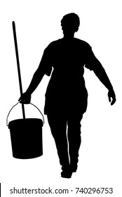 Floor Care And Cleaning Services With Washing Mop In Sterile Factory Or Clean Hospital. Cleaning Lady Service Vector Silhouette Illustration, Bucket And Equipment. Housemaid Cleaner. Housework Job.