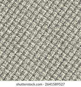 Floor carpet, in light greige and black, with a pattern consisting of small square patches. Textured geometric background. Patchwork seamless. Vector artwork.