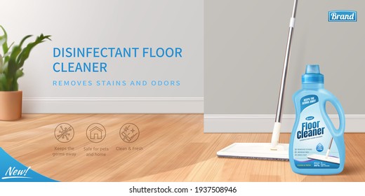 Floor cleaner ad banner in 3D design. Realistic package mock up with wet mop polishing the floor.