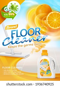 Floor cleaner ads, orange scent liquid with fruit twister elements, and mop cleaning floor in 3d illustration