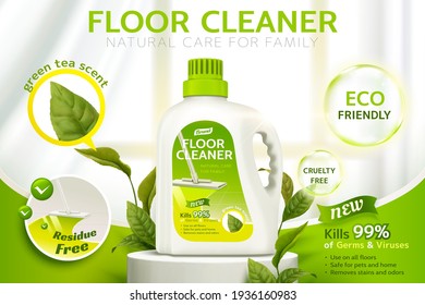 Floor cleaner ads, product package design on a stage with several efficacies and green leaves in 3d illustration