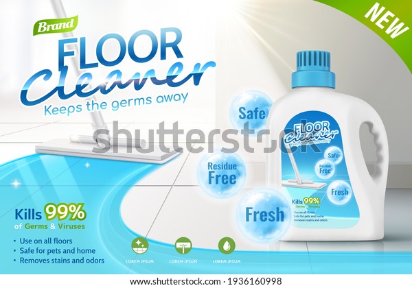 Floor cleaner\
ads, product package design with several efficacies in 3d\
illustration, mop cleaning tiled\
floor.