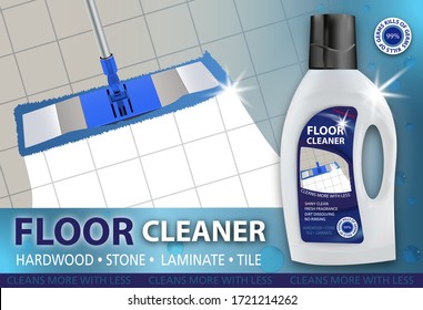 Floor cleaner. Disinfectant cleaner for washing floors. Mop cleaning. Package design realistic illustration. Advertisement poster layout or banner. Vector