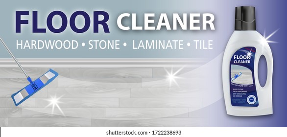 Floor cleaner. Disinfectant cleaner for washing floors. Mop cleaning. Package design realistic illustration. Advertisement poster layout or horizontal banner. Vector