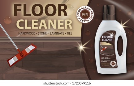 Floor cleaner. Disinfectant cleaner for washing floors. Mop cleaning hardwood, laminate etc. Package design realistic illustration. Advertisement poster layout or banner. Vector