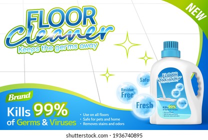 Floor cleaner package on shiny floor with several efficacies in 3d illustration