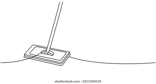 Floor cleaning mop one line continuous drawing. Cleaning service tools continuous one line illustration. Vector linear illustration.