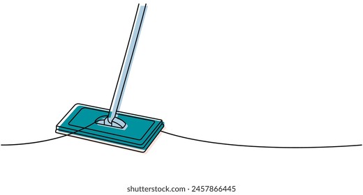 Bodenreinigung Mopp eine Linie gefärbt durchgehende Zeichnung. Reinigungswerkzeuge durchgehende einzeilige Abbildung. Lineare Darstellung der Vektorgrafik.