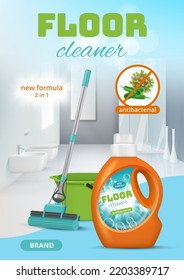 Floor cleaning. Mops washing home floor surfaces indoor hygiene concept decent vector realistic background for ads projects