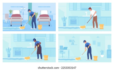 Servicios de limpieza de pisos conjunto de ilustraciones vectoriales de color plano. Limpiador profesional. Tareas domésticas. Personajes de dibujos animados sencillos en 2D totalmente editables con colección interior azul claro sobre fondo