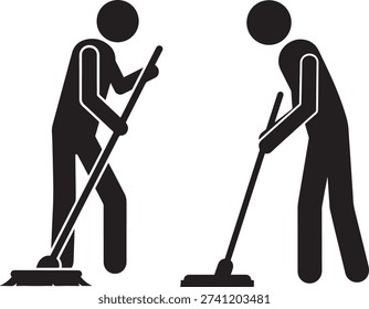 Floor cleaning stick figures on white. Two people with cleaning equipment silhouettes.