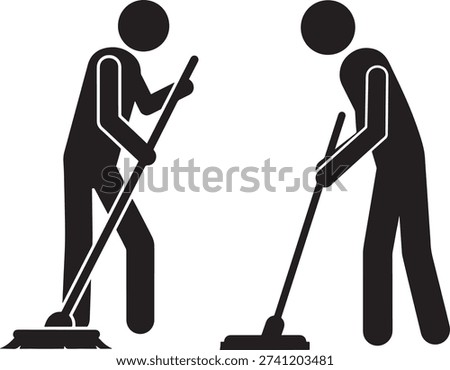 Floor cleaning stick figures on white. Two people with cleaning equipment silhouettes.