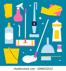 Floor cleaning supplies set. Mop, bucket, vacuum cleaner, brush and detergent bottles. Flat illustration of housekeeping products for professional cleanup.