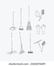 Floor cleaning tools accessories broom, dustpan, mop, gloves, scraper, brush drawing in graphic style on white background