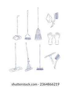 Floor cleaning tools accessories broom, dustpan, mop, gloves, scraper, brush drawing in graphic style on light background