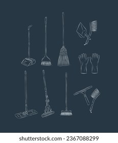 Fußbodenreinigungswerkzeug, Besen, Pfanne, Mop, Handschuhe, Schrott, Pinselzeichnung auf blauem Hintergrund