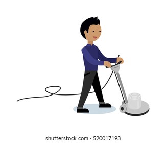 Floor cleaning vector video banner. Flat design. Man working with surface cleaner machine. Illustration for cleaning companies and services advertising. Isolated on white background.