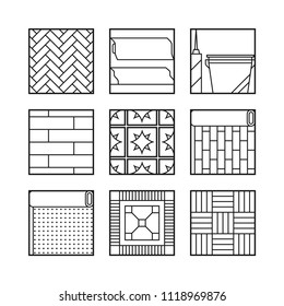 Floor covering. Flat, linear icons. Finishing materials.