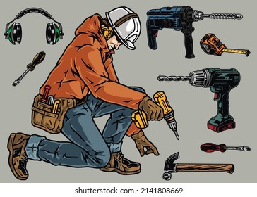 Floor Covering Installer And Hand Tools Colorful Parts Concept With Screwdrivers, Pocket Tape, Drill, Hammer, Repairman In Helmet And Ear Protectors Using Cordless Driver, Vector Illustration