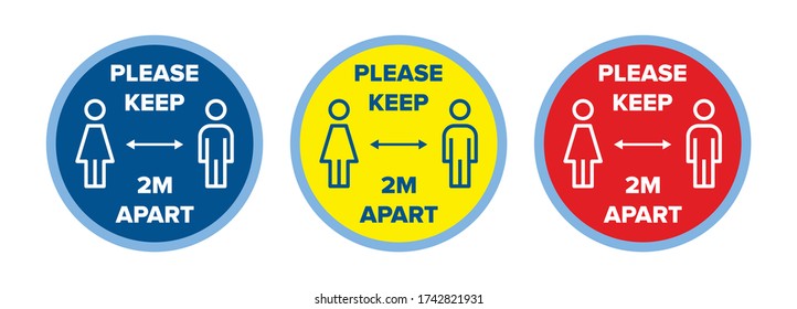 Floor decals social distancing stickers, 2m metres distance vector graphic. Sign or floor sticker. Red, yellow, blue. For use in Schools, Hospitals, Shops, Gym, Leisure, Retail. Coronavirus covid-19