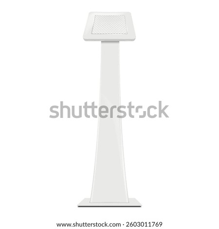 Floor digital tablet kiosk with transparent screen. 3d mockup. Pad display stand. Realistic vector mock-up. Computer monitor podium holder. Template for design