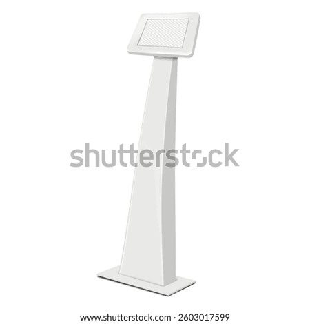 Floor digital tablet kiosk with transparent screen. 3d mockup. Pad display stand. Realistic vector mock-up. Computer monitor podium holder. Template for design