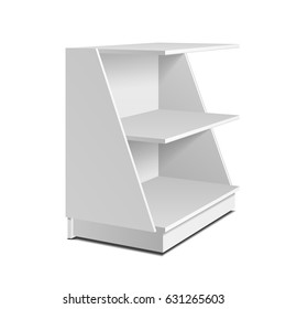 Floor Display Rack For Supermarket. Blank Empty Displays With Shelves Mock Up. Illustration Isolated On White Background. Ready For Your Design. Product Advertising. Vector